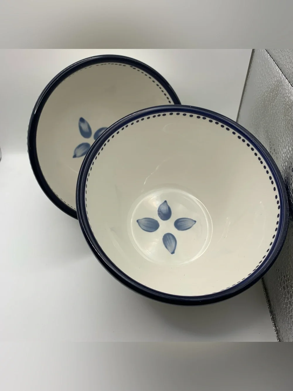 Pottery Barn Tiburon Blue Dots Leaves set of 2 Coupe Soup Cereal Bowls